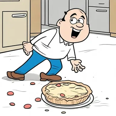 In the cartoon, the character suddenly collapses and lies still on the ground in a postictal state, dropping the pie he was holding.