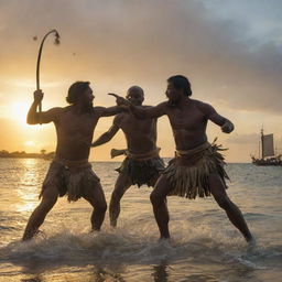 Datu Lapu Lapu in an intense battle with Ferdinand Magellan, agilely manoeuvring in the center of the chaotic Battle of Mactan. The setting sun on the Mactan beach creates dramatic shadows, highlighting their intense struggle.