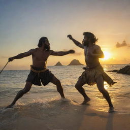 Datu Lapu Lapu in an intense battle with Ferdinand Magellan, agilely manoeuvring in the center of the chaotic Battle of Mactan. The setting sun on the Mactan beach creates dramatic shadows, highlighting their intense struggle.