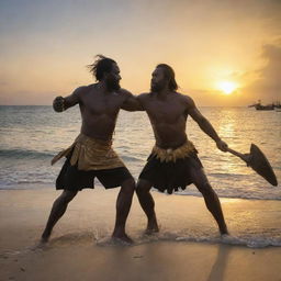 Datu Lapu Lapu in an intense battle with Ferdinand Magellan, agilely manoeuvring in the center of the chaotic Battle of Mactan. The setting sun on the Mactan beach creates dramatic shadows, highlighting their intense struggle.