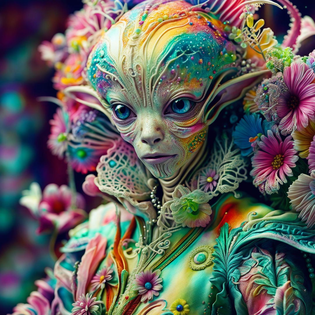 Hyper-realistic 3D photograph of an intelligent alien in Rococo attire adorned with vibrant flowers, captured in a close-up, high-definition shot.