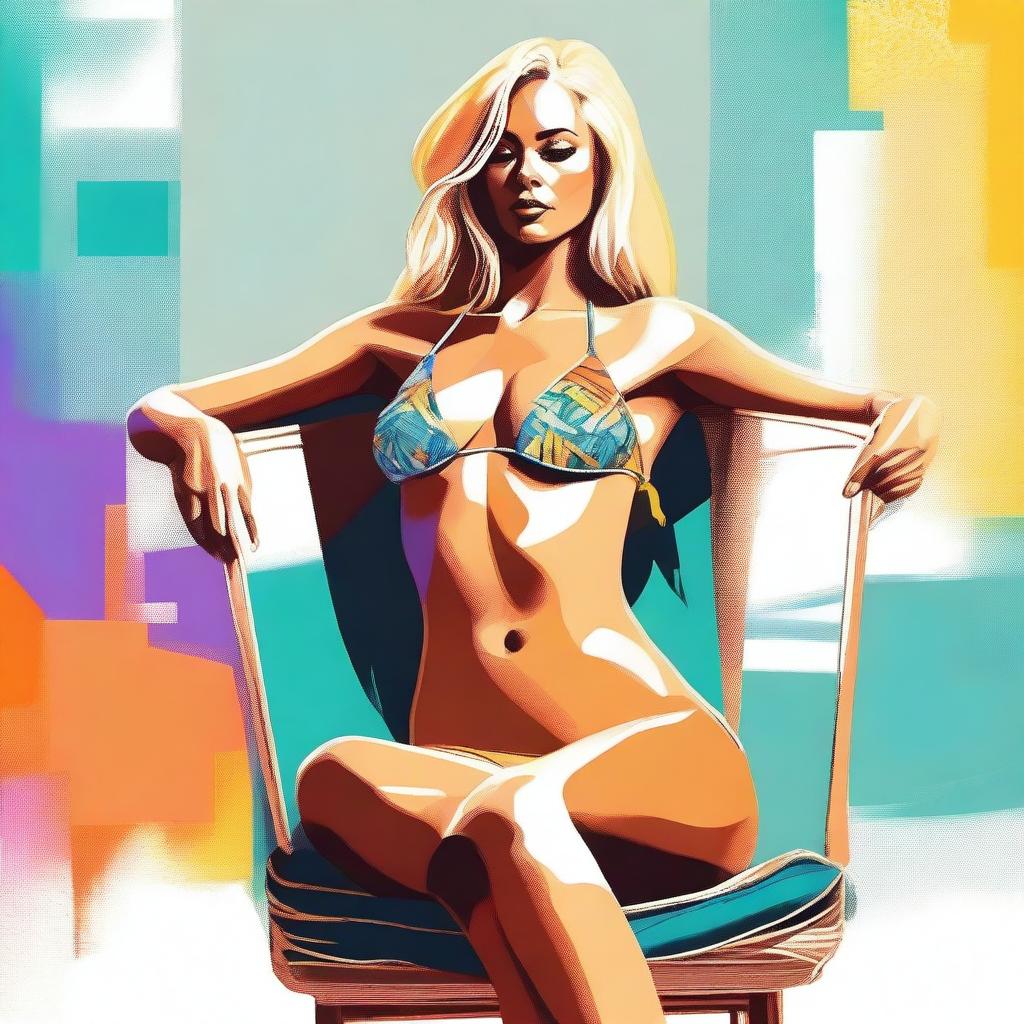 A digital art representation of a woman with golden hair, donned in a bikini, casually seated on a chair