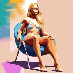 A digital art representation of a woman with golden hair, donned in a bikini, casually seated on a chair