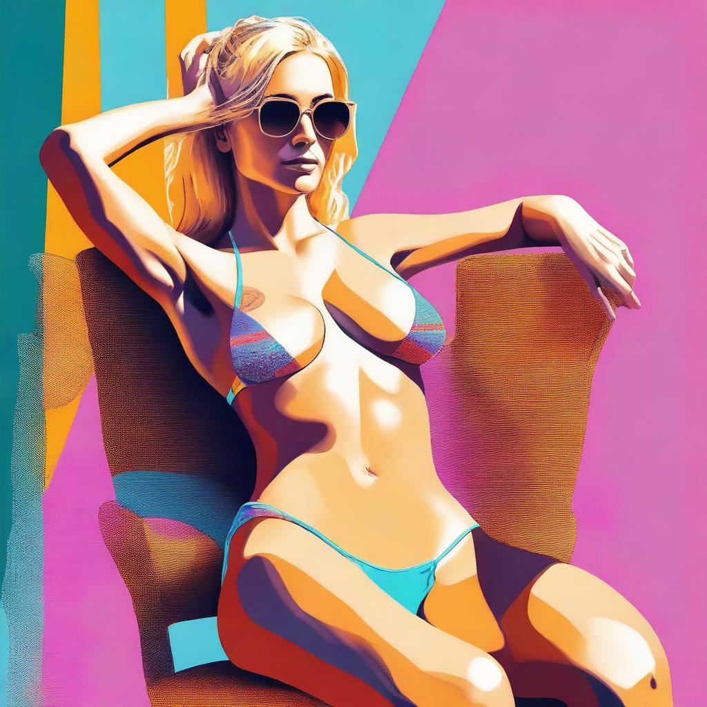 A digital art representation of a woman with golden hair, donned in a bikini, casually seated on a chair