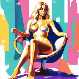 A digital art representation of a woman with golden hair, donned in a bikini, casually seated on a chair