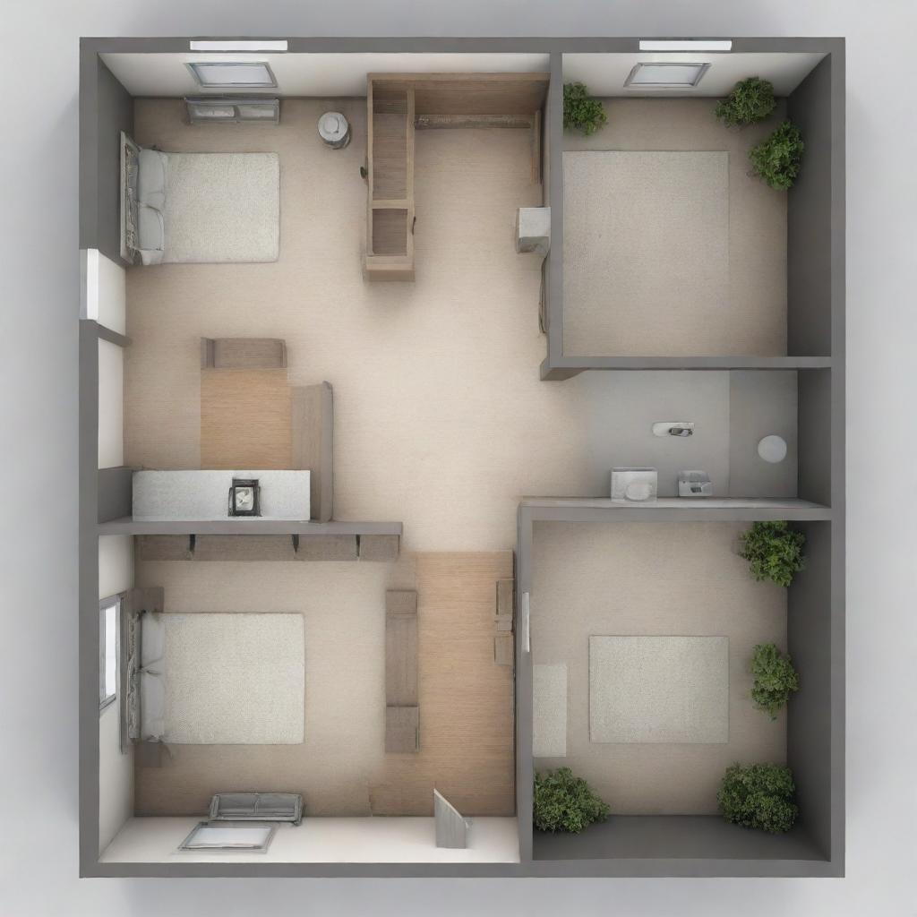 Schematic layout of a 45 square meter house including 2 bedrooms, 1 bathroom, 1 kitchen, and 1 living room