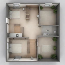 Schematic layout of a 45 square meter house including 2 bedrooms, 1 bathroom, 1 kitchen, and 1 living room