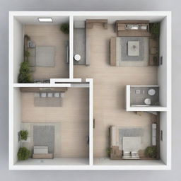 Schematic layout of a 45 square meter house including 2 bedrooms, 1 bathroom, 1 kitchen, and 1 living room