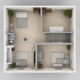 Schematic layout of a 45 square meter house including 2 bedrooms, 1 bathroom, 1 kitchen, and 1 living room