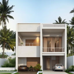 Design a modern 2BHK house. Ground floor: living room, kitchen, bathroom, storage. First floor: 2 bedrooms with attached bathrooms and closets.