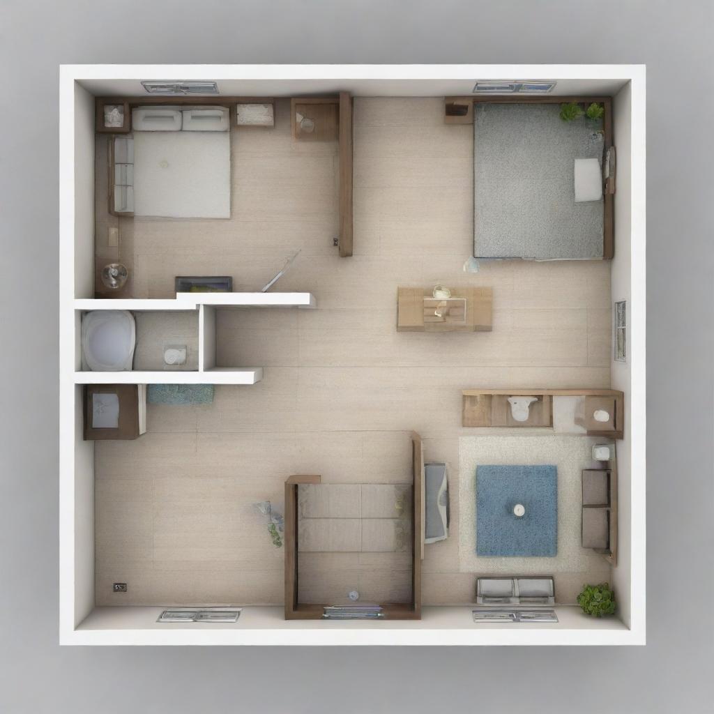 Schematic layout of a 45 square meter house including 2 bedrooms, 1 bathroom, 1 kitchen, and 1 living room