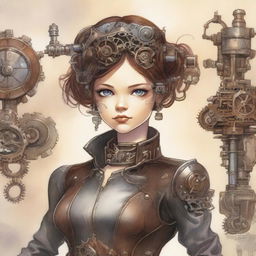 A high detail image of a steampunk terminator girl illustrated in a children's book style