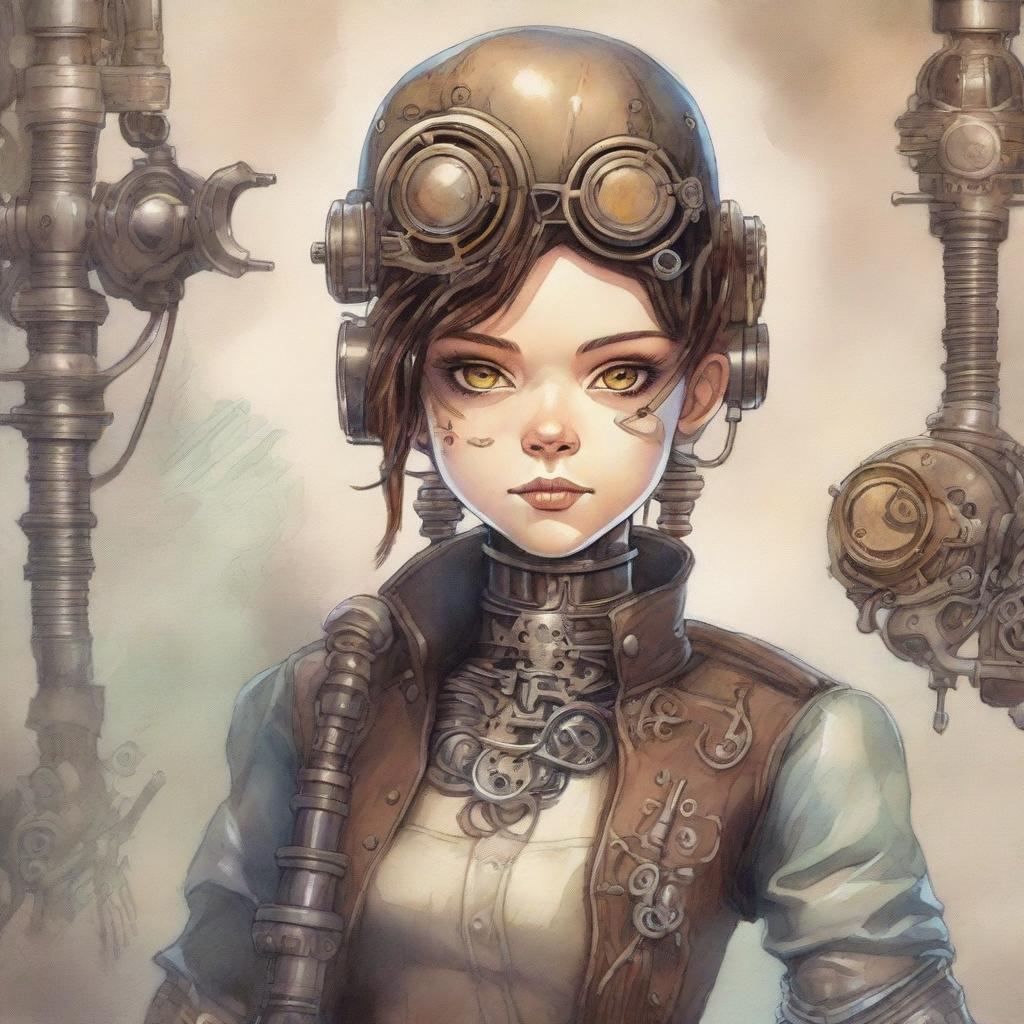 A high detail image of a steampunk terminator girl illustrated in a children's book style