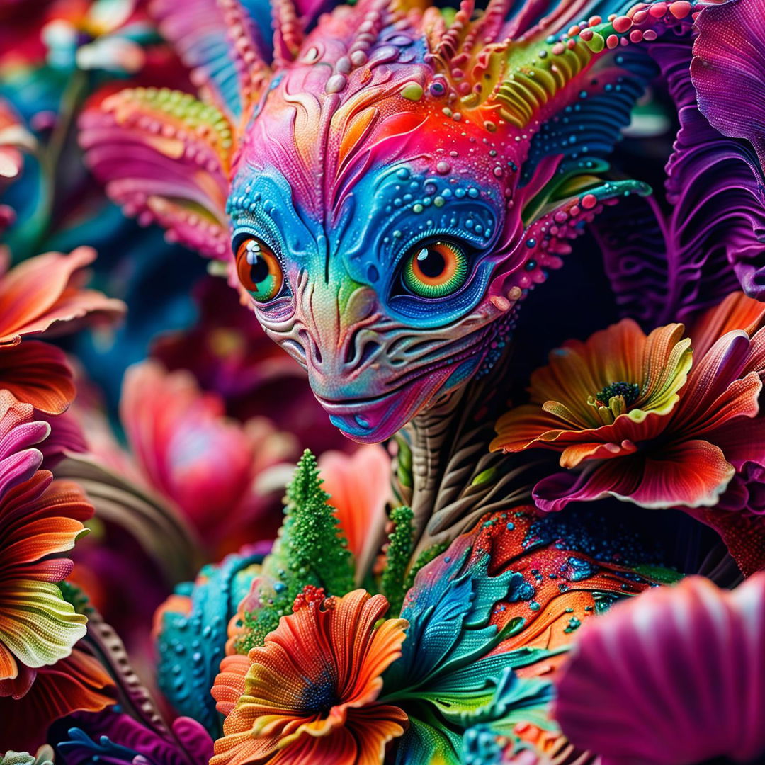 Hyper-realistic 3D Rococo-inspired alien amidst vibrant, fantastical flowers in a close-up, high-definition photograph.