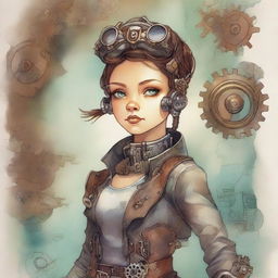 A high detail image of a steampunk terminator girl illustrated in a children's book style