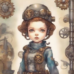 A high detail image of a steampunk terminator girl illustrated in a children's book style