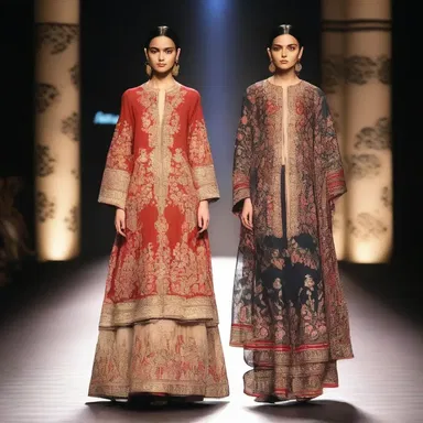 The designer's collection showcased fugal elements, with contrasting motifs and layering creating a harmonious yet intricate look.