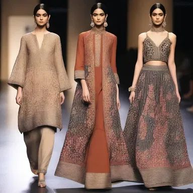The designer's collection showcased fugal elements, with contrasting motifs and layering creating a harmonious yet intricate look.
