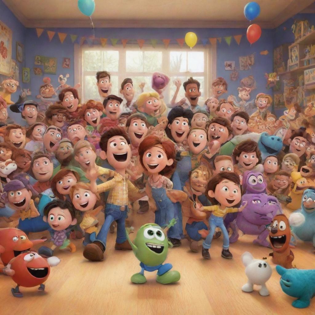 A lively, colourful scene filled with Disney-Pixar style characters engaging in a joyful activity.