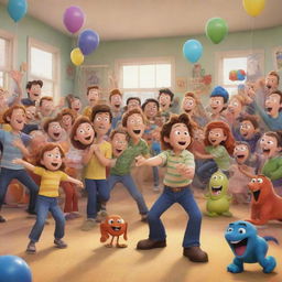 A lively, colourful scene filled with Disney-Pixar style characters engaging in a joyful activity.