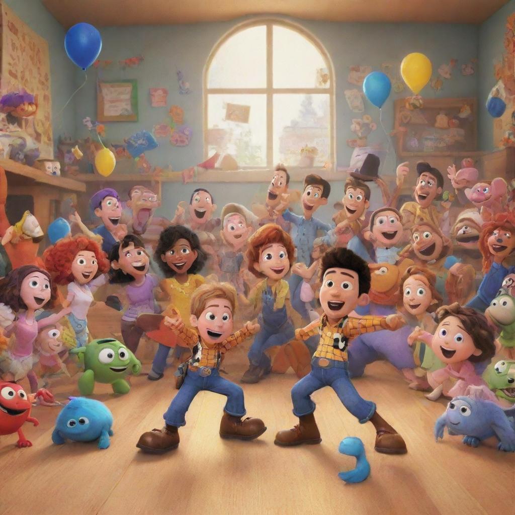 A lively, colourful scene filled with Disney-Pixar style characters engaging in a joyful activity.