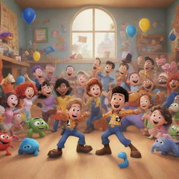 A lively, colourful scene filled with Disney-Pixar style characters engaging in a joyful activity.