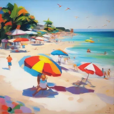 The painting captured the summery atmosphere of a sunny beach with vibrant colors and a playful composition.