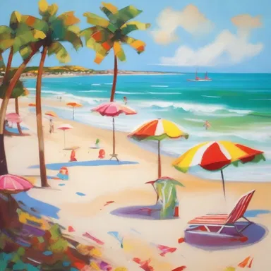 The painting captured the summery atmosphere of a sunny beach with vibrant colors and a playful composition.