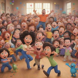 A lively, colourful scene filled with Disney-Pixar style characters engaging in a joyful activity.