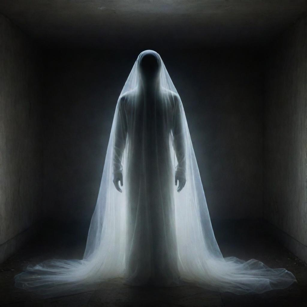 A translucent, eerie spectre appearing in an ambiguous, dimly lit surrounding