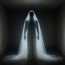 A translucent, eerie spectre appearing in an ambiguous, dimly lit surrounding