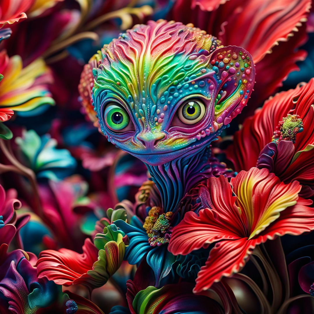 Hyper-realistic 3D Rococo-inspired alien amidst vibrant, fantastical flowers in a close-up, high-definition photograph.