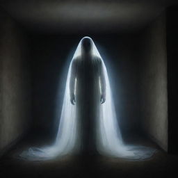 A translucent, eerie spectre appearing in an ambiguous, dimly lit surrounding