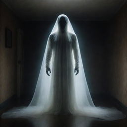 A translucent, eerie spectre appearing in an ambiguous, dimly lit surrounding