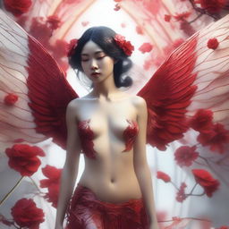 An impressive and sensual digital 3D art nouveau image in 8K resolution, showcasing a beautiful young Thai woman angel with span wings and a bare midriff