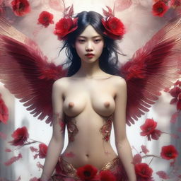 An impressive and sensual digital 3D art nouveau image in 8K resolution, showcasing a beautiful young Thai woman angel with span wings and a bare midriff