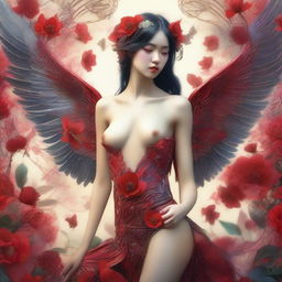 An impressive and sensual digital 3D art nouveau image in 8K resolution, showcasing a beautiful young Thai woman angel with span wings and a bare midriff