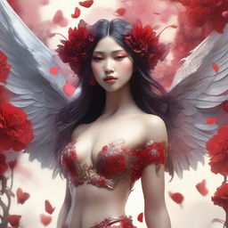 An impressive and sensual digital 3D art nouveau image in 8K resolution, showcasing a beautiful young Thai woman angel with span wings and a bare midriff