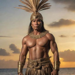 A magnificent portrait of Datu Lapu Lapu, standing stoically against a backdrop of the Mactan Island. His noble and determined expression, muscular built is highlighted by the golden rays of the setting sun reflecting off his traditional armor.