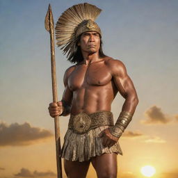 A magnificent portrait of Datu Lapu Lapu, standing stoically against a backdrop of the Mactan Island. His noble and determined expression, muscular built is highlighted by the golden rays of the setting sun reflecting off his traditional armor.