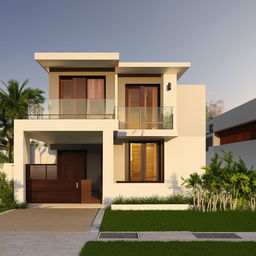 Design a modern 2BHK house. Ground floor: living room, kitchen, bathroom, storage. First floor: 2 bedrooms with attached bathrooms and closets.