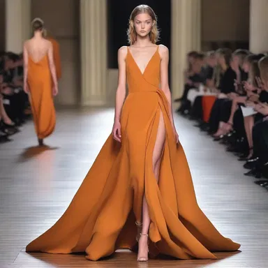 The model walked down the runway wearing a stunning dress in sardius color.