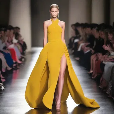 The model walked down the runway wearing a stunning dress in sardius color.