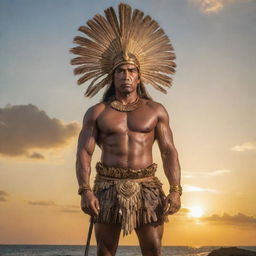 A magnificent portrait of Datu Lapu Lapu, standing stoically against a backdrop of the Mactan Island. His noble and determined expression, muscular built is highlighted by the golden rays of the setting sun reflecting off his traditional armor.