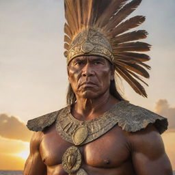 A magnificent portrait of Datu Lapu Lapu, standing stoically against a backdrop of the Mactan Island. His noble and determined expression, muscular built is highlighted by the golden rays of the setting sun reflecting off his traditional armor.