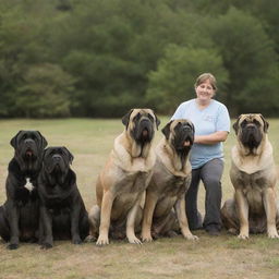 An individual surrounded by numerous loving and majestic English Mastiff dogs in a tranquil setting.