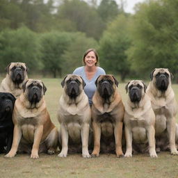 An individual surrounded by numerous loving and majestic English Mastiff dogs in a tranquil setting.