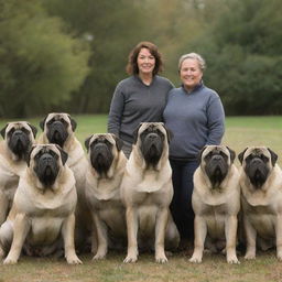 An individual surrounded by numerous loving and majestic English Mastiff dogs in a tranquil setting.