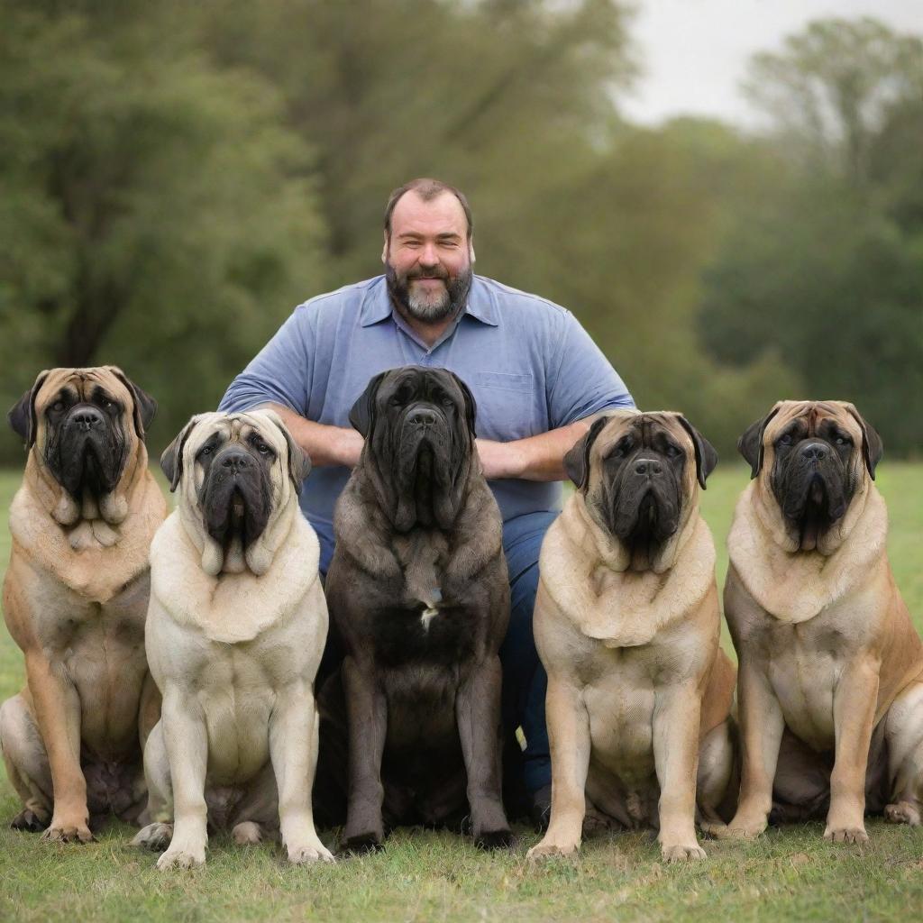 An individual surrounded by numerous loving and majestic English Mastiff dogs in a tranquil setting.