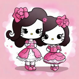 This is a high-quality digital art image showing two Hello Kitty characters with a twist